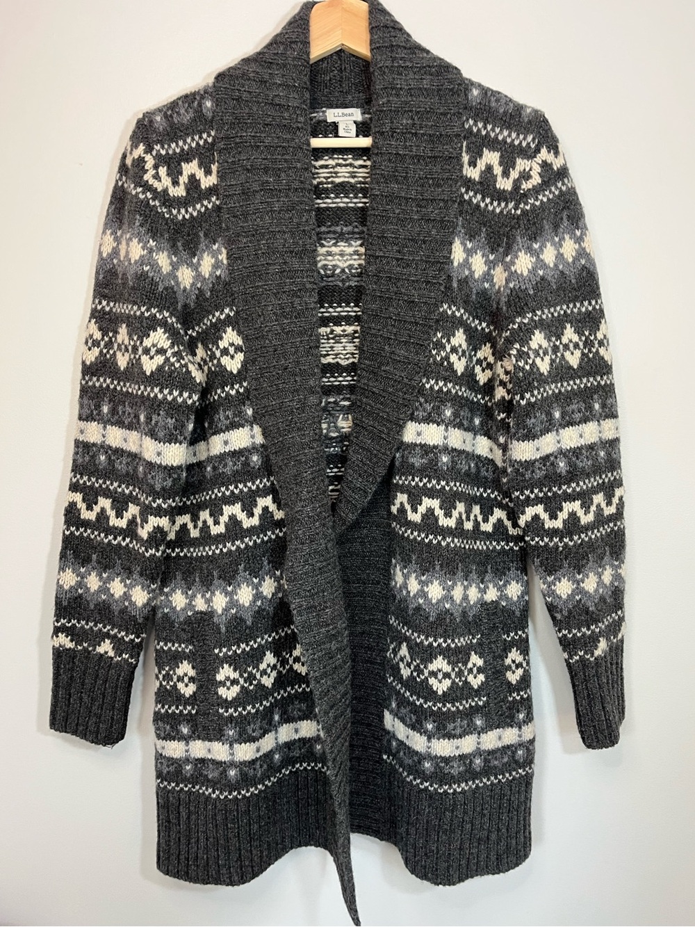 L.L. Bean 100% Wool Fair Isle Shawl Open Long Cardigan Women’s Large